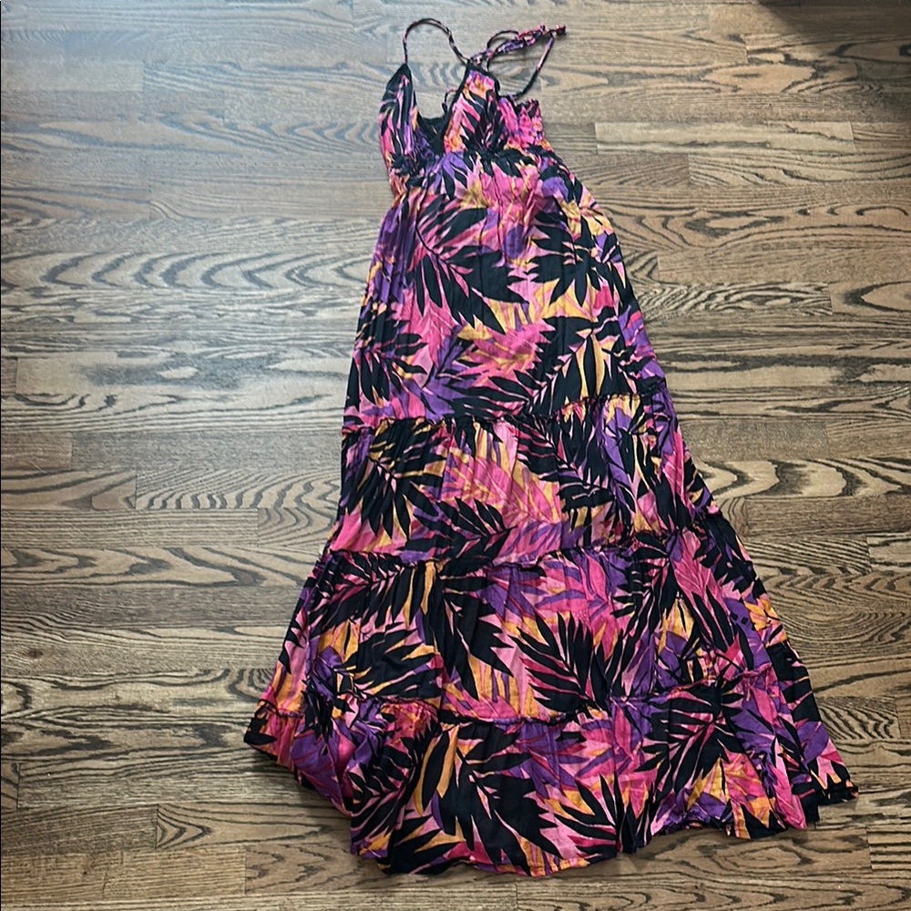 Urban nomad S M Tropical Maxi Dress Pink Purple Black bead ties